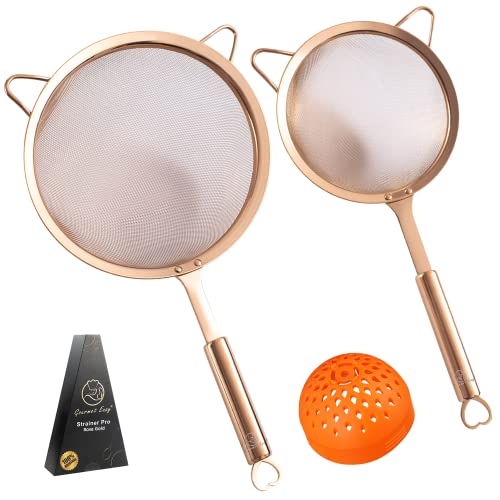 Stainless Steel Strainer Set - 1 Large Pasta Strainer + 1 Small Extra Fine Mesh Strainer + 1 Silicone Can Strainer - Rice Strainer,Flour Sifter for Baking - Strainers for Kitchen w/Sturdy Handle(RG) - Rose Gold