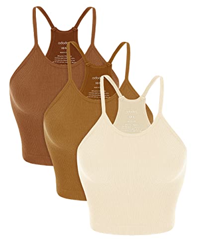 ODODOS Women's Crop 3-Pack Washed Seamless Rib-Knit Camisole Crop Tank Tops - Ochre+clay+oatmeal (Long Crop) - Medium-Large