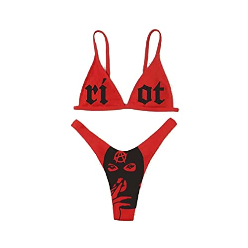 Funny Bikini Sets for Women, Cheeky Graphic Punk Goth Lingerie Crop Bra Top and High Waisted Thong Brief Swimwear - O Red - Small