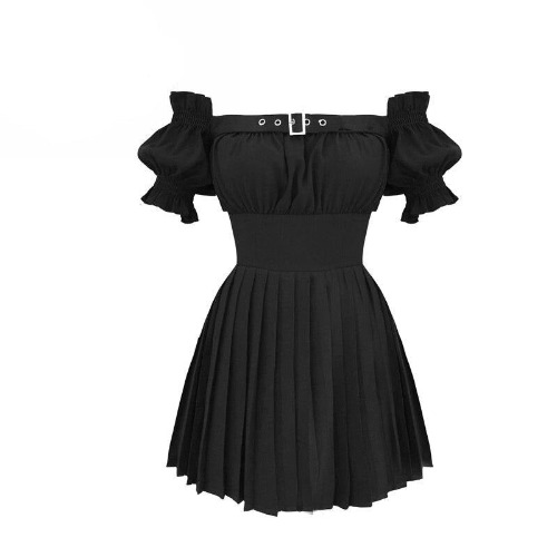 Goth 'Batty' Black Buckle off the Shoulder Dress - M