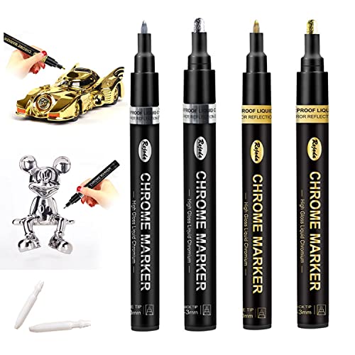 4Pcs Liquid Mirror Chrome Marker Set, DIY Silver & Gold Alcohol Paint Pump Pens(1mm,3mm), Double Pack of Both Fine and Medium Tip Paint Markers for on Any Surface, Get 2 Replaceable Nibs 2mm FREE - Silver