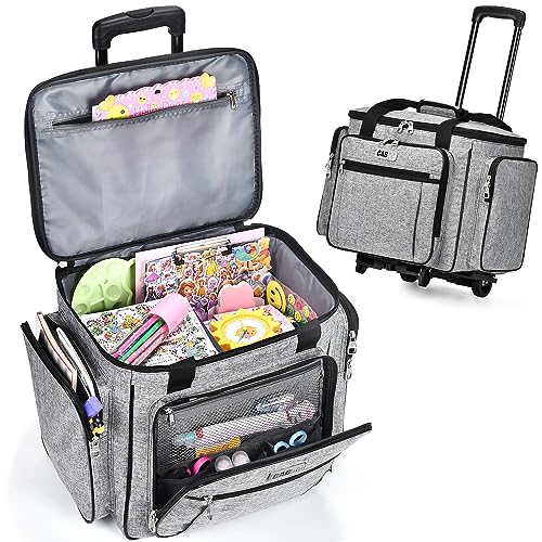 CAB55 Rolling Craft Bag, Rolling Tote Bag with Wheels for Women, Rolling Teacher Bag with Removable Folding Hand Trucks-Grey