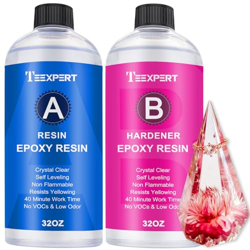 Teexpert Epoxy Resin Crystal Clear: 64OZ Epoxy Resin kit Fast Curing Heat Resistant for Casting Coating Art DIY Craft Jewelry Wood Table Top Flower Preservation- 2 Part(32OZ Resin and 32OZ Hardener) - 64oz