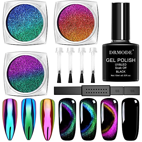 Cat Eye Chrome Nail Powder - 3Pc Get Cat Eye Effect and Chameleon Mirror Effect, 9D Galaxy Gem Glitter Metallic Manicure Pigment with Bonus Black UV Gel and Magnetic Stick - Unique DIY Set - blue - 6 Piece Set