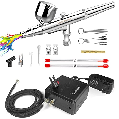 Gocheer Airbrush Kit with Compressor, Dual Action Mini Air Brush Kit Airbrush Gun Set for Painting with 0.2/0.3/0.5mm Needles, for Arts, Nails Decor, Cake Decor, Makeup, Model Coloring