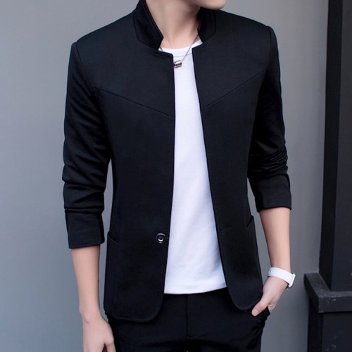 Mens Stand Collar One Button Blazer - Black / M