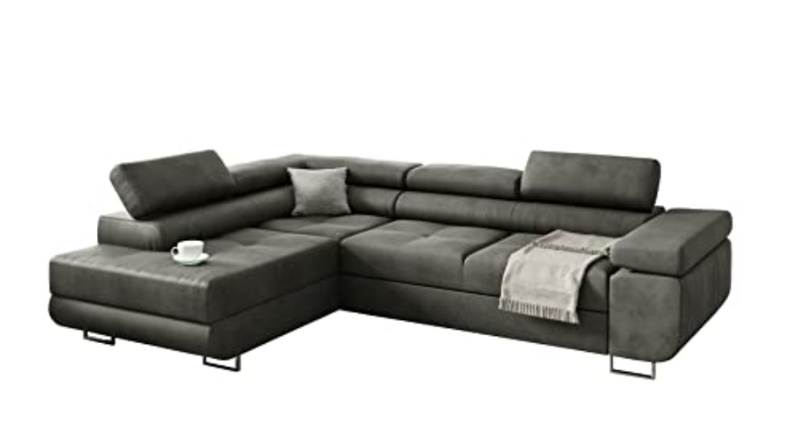 KREATIVE FURNITURE & DESIGN Ecksofa Miami mit schlaffunktion und bettkasten, Wohnzimmer ,Ecksofa in L-Form (Links Ottomane) (Monolith 84) (Grau) - Grau