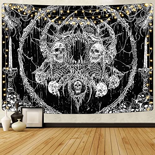Krelymics Skull Tapestry Black and White Tapestry Aesthetic Tapestries Gothic Skeleton Tapestry Dark Horror Tapestry Wall Hanging for Bedroom(70.9 x 92.5 inches) - Black and White 2 - 70.90" x 92.50"