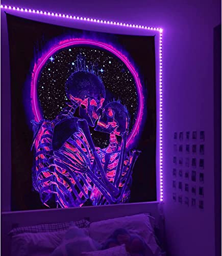 Manicer Blacklight Skull Tapestry, The Kissing Lovers Tapestry UV Reactive Trippy Neon Tapestries Glow in the Dark Party Backdrop, Skeleton Wall Art for Bedroom Living Room – 70.9" x 90.6" - 70.90" x 90.60"