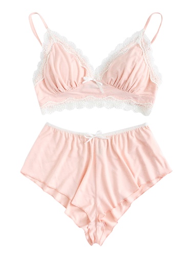 SweatyRocks Women's Lace Trim Underwear Lingerie Straps Bralette and Panty Set - X-Small pink