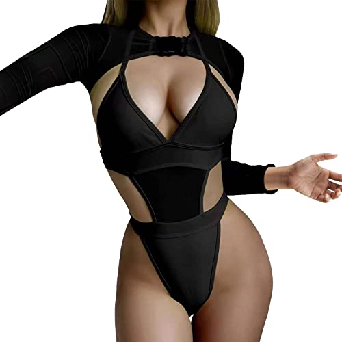 Womens Sexy Lace Lingerie Set 2 Piece Women Rave Outfits Neon Bodysuit Crop Top Long Sleeve Mesh with Buckle for - Black - X-Small