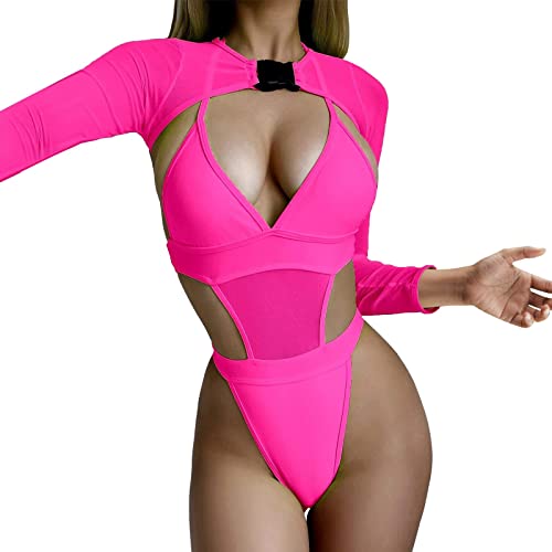 Womens Sexy Lace Lingerie Set 2 Piece Women Rave Outfits Neon Bodysuit Crop Top Long Sleeve Mesh with Buckle for - Pink - X-Small