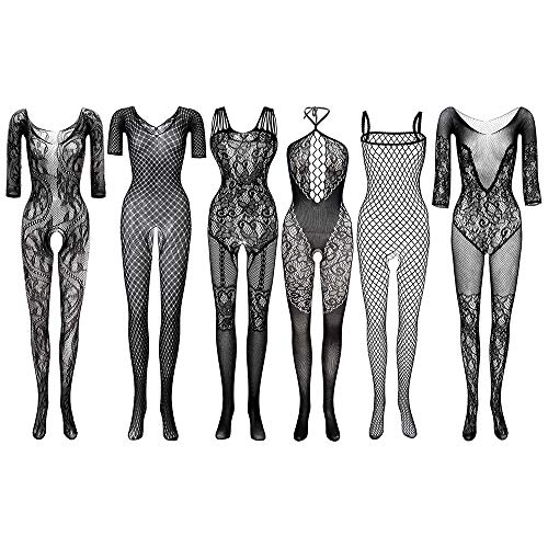 FEPITO 6 Set Women Stockings Lingerie Lace Fishnet Bodysuits for Lingerie Party Date Wearing Black