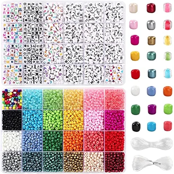 UOONY 8800pcs Beads Kit, Including 7200pcs 4mm Glass Seed Beads and 1600pcs Letter Beads for Bracelet Jewelry Making and Crafts with 20m Crystal String and 30m Elastic String