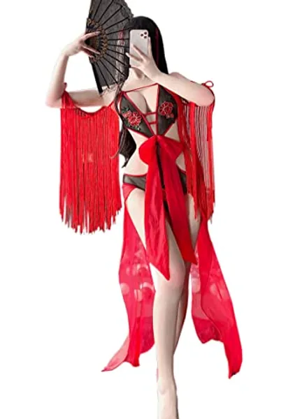 SINROYEE Women Through Sheer Mesh Outfits Jumpsuits Party Costume for Women Tassel Sexy Anime Lingerie Cosplay