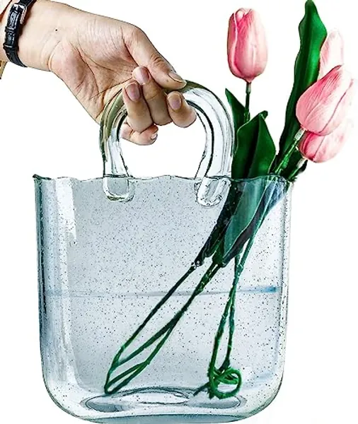 OLEEK purse vase for flowers (handmade) blue glass bag vase -10 Inches- Clear, cool & cute vase for centerpieces & Fish bowl - handbag unique flower vase decorative - wide mouth bubble vase for décor