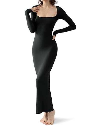 PUMIEY Women's Square Neck Long Sleeve Maxi Dress Ribbed Bodycon Dresses for Women Soft Lounge Dress - Large - Jet Black