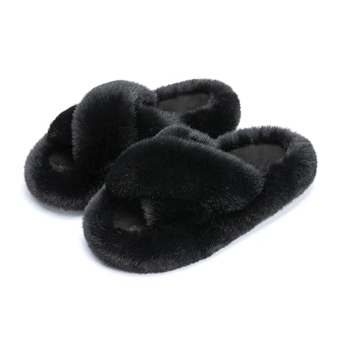 Chantomoo Women's Slippers Memory Foam House Bedroom Slippers for Women Fuzzy Plush Comfy Faux Fur Lined Slide Shoes Anti-Skid Sole Trendy Gift Slippers - 7-8 - Black Cross