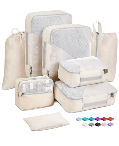 OlarHike 8 Set Packing Cubes for Travel, Luggage Organizer Bags for Travel Accessories Travel Essentials, Travel Cubes for Carry on Suitcases - 2-Cream
