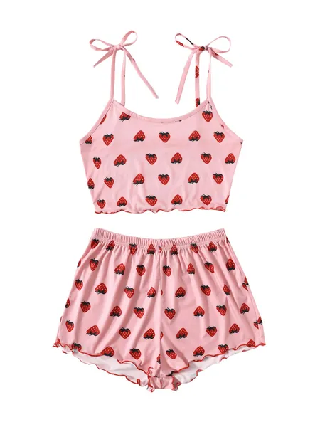 SweatyRocks Women's Summer Strawberry Print Cami Top and Shorts Sleepwear Pajamas Set