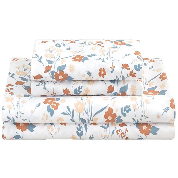 softan Floral Queen Sheet Set Orange Flower Bed Sheets Queen Printed Sheets Queen - 4 Piece Soft Microfiber Patterned Fitted Sheets Queen with 15" Deep Pocket