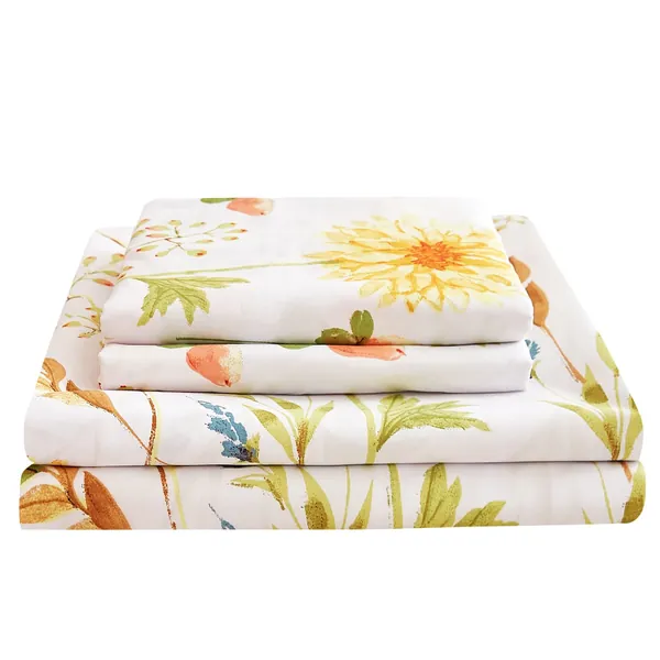 JSD Yellow Floral Printed Sheet Set Queen Size, 4 Piece Soft Botanical Microfiber Sheets and Pillowcases Deep Pocket