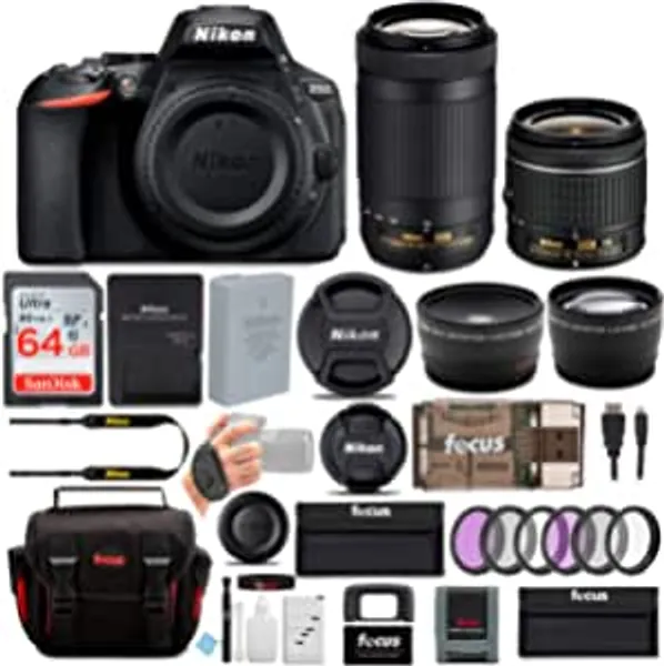 Nikon D5600 24.2MP DSLR Camera with 18-55mm and 70-300mm Lenses Bundled with 64GB SD Card, Filters, and Accessories (9 Items)