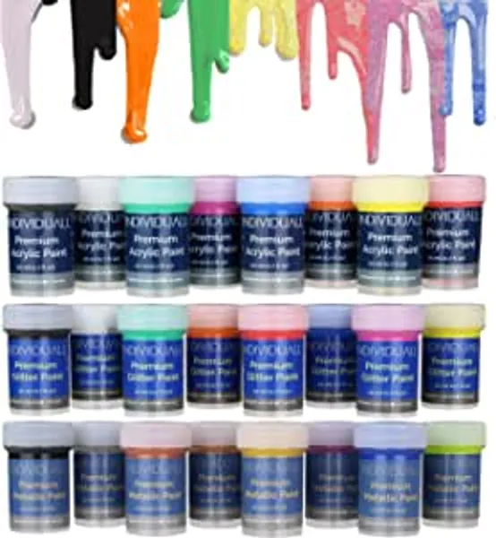 'ALL IN ONE' Metallic, Glitter, Acrylic Paint Set by individuall - All-Purpose Professional Grade Hobby Paints - Vivid Craft Paint Sets for Family and DIY Projects - 24 Cans, 20ml each