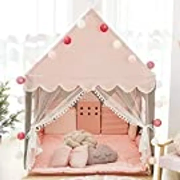 Avrsol Kids Play Tent with Mat - Large Playhouse with Ball String Lights Children Play Castle Fairy Tent for Girls & Boys Birthday Gift (Girls Tent with mat)