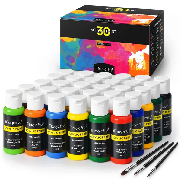 Magicfly 30 Colors Acrylic Paint Set (2 oz/60ml), Non-Toxic Craft Paint for Canvas Painting, Multi-Surface Art Paints for Canvas, Wood, Stone, Ceramic & Model, Acrylic Paint Art Supplies for Artists, Adults & Beginners