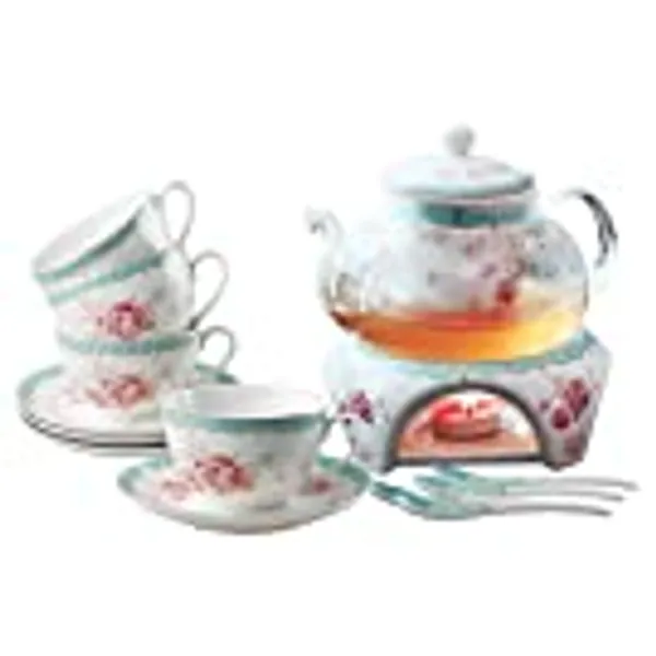 Jusalpha Fine China Tea Sets Vintage Rose Flower Series Coffee Cup-Teacup Saucer Spoon Set with Teapot Warmer & Filter (Rose Glass pot 03)