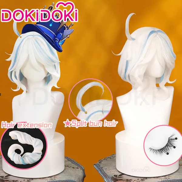 【Short Ver. Ready For Ship】DokiDoki Game Genshin Impact Cosplay Fontaine Focalors Wig Short White Blue Curly Furina Wig / Fake Eyelashes / Hat