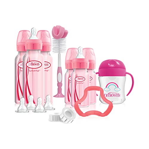 Dr. Brown’s Natural Flow® Anti-Colic Options+™ Special Edition Pink Baby Bottle Gift Set with Soft Sippy Spout Transition Cup, Flexees™ Teether, Bottle Cleaning Brush and Travel Caps - First Year Gift Set, Pink