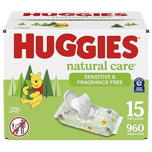 Huggies Natural Care Sensitive Baby Wipes, Unscented, Hypoallergenic, 99% Purified Water, 15 Flip-Top Packs (960 Wipes Total) - 960 Count (Pack of 15)