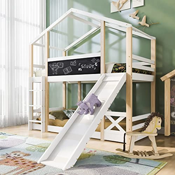 FEZTOY Kinder Bett mit Rutsche, Hausbett 90x200, Etagenbett für 2 Kinder, Hochbett Baumhaus mit Treppe und 2 Lattenrost, Kinderbetten, Spielbett, Jugendbett, ohne matratze (Weiß-Tafel)