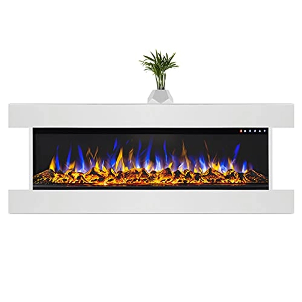 GLOW FIRE Elektrokamin mit Heizung und Kaminfeuer (Wandkamin Clear 50) - elektrischer Kamin mit LED-Feuer in 3 Farben, Heizlüfter, Deko & Fernbedienung - zum Aufhängen an der Wand - 152x53 cm, Weiß