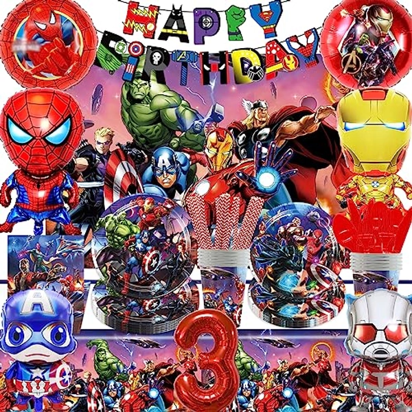 NOVBAON 57 StüCk Avenges Geburtstag Deko Kindergeburtstag Partygeschirr Set, Superhero Geburtstag Deko 3 Jahre Party Luftballon , Papierservietten, TischtüCher, Banner, Pappbecher, Essteller