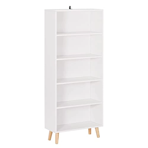 WOLTU Bücherregal mit 5 Fächern, Bücherschrank, Standregal Weiß, Aufbewahrungsregal für Wohnzimmer, Schlafzimmer, Küche, Aktenregal für Büro, 60 x 144 x 24 cm, SK022ws