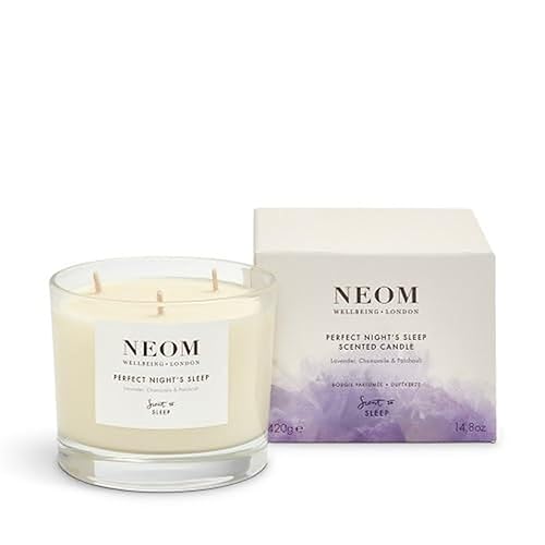 NEOM Lavender, Chamomile & Patchouli Candle, 3 Wick | Scent to Sleep | Essential Oil Aromatherapy Candle | 100% Natural Fragrance, packaging may vary - Perfect Night's Sleep - 420 g (Pack of 1)