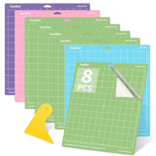 Cutting Mats for Cricut - Lya Vinyl 8 Pack Variety Cutting Mats 12x12, Cutting Mats for Cricut Vinyl(StandardGrip, LightGrip, StrongGrip, FabricGrip) for Cricut Explore Air Series & Cricut Accessories - 8 Pack