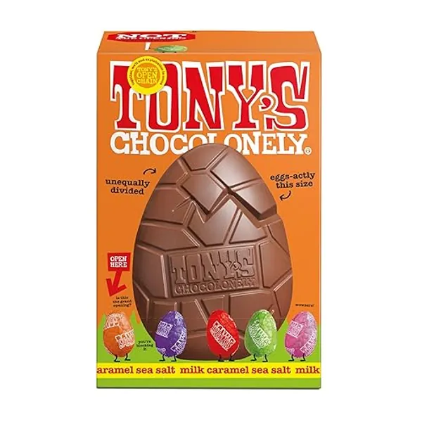 Tony's Chocolonely Large Easter Egg - Milk Chocolate Caramel Sea Salt with 5 Smaller Solid Chocolate Eggs - Fairtrade Easter Gifts (242g) - Caramel Sea Salt
