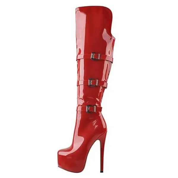 MissHeel Over the Knee Platform Boots Zip-up Buckle Strap Stiletto Patent Leather Wide Calf Booties - 7 UK - Red Patent