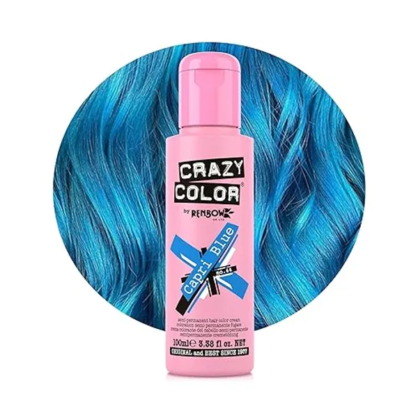 Crazy Color Vibrant Capri Blue Semi-Permanent Hair Dye. Highly Pigmented Electric Blue Conditioning & Oil Nourishing Vegan Formula | No Bleach or Ammonia | 100ml - Capri Blue - 100 ml (Pack of 1)