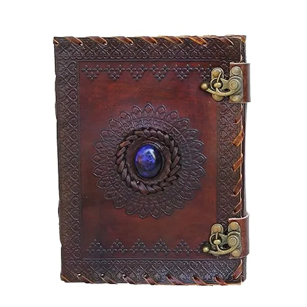 A5 Leather Journal with Clasp Stone Writing Pad Blank Notebook Handmade Notepad for Men & Women Unlined Paper Best Present Art Sketchbook Travel Diary to Write Book of Shadows Refillable Grimoire - Medium - Vintage
