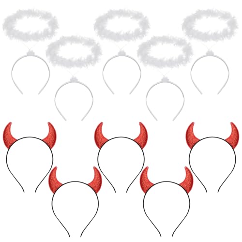 Lyrow 10 Pcs Angel Headband Devil Horns Headband Angel Devil Cosplay for Halloween Christmas Party - Angel, Devil - White,red