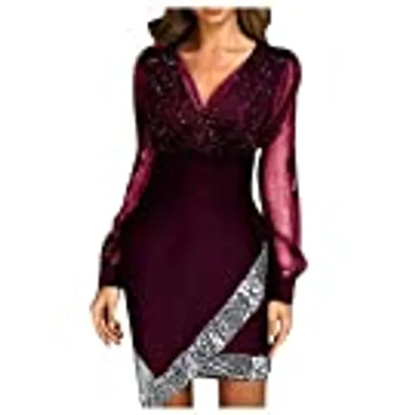 Blingko Party Kleider Damen Club Outfits Paillettenkleid Festliches Ballkleid Langärmelig Glitzer Kleid Abschlusskleid Strickkleider Wickelkleid Etuikleid Wickelkleid, Rot, L