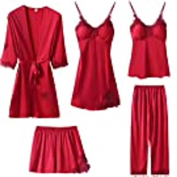Superora 5PC Schlafanzüge Nachthemd Set für Damen Satin Morgenmantel Spitze Lace Bademantel Shorts Rock Hosen