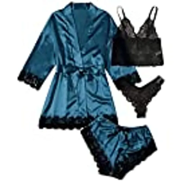 Danfiki Damen Nachtwäsche 4 teiliges Pyjama Set mit Blumenmuster Spitzenbesatz Satin Cami Pyjama-Set mit Robe