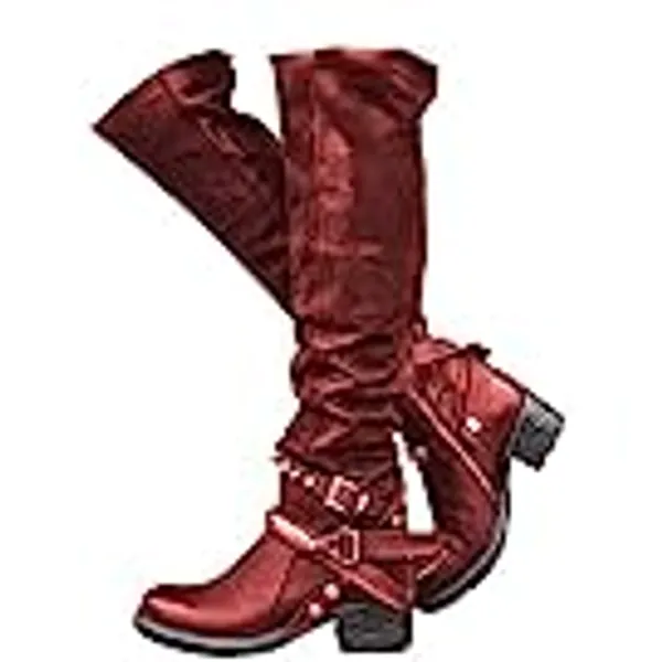 Minetom Damen Hohe Stiefel Winter Schuhe mit Absatz Kunstleder Schnalle Langschaft Overknee Stiefel Kniehohe High Heels Lang Boots