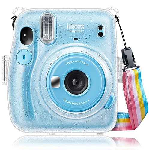 Fintie Protective Clear Case for Fujifilm Instax Mini 11 Instant Film Camera - Crystal Hard Shell Cover with Removable Rainbow Shoulder Strap, Glittering Transparent - Glittering Transparent